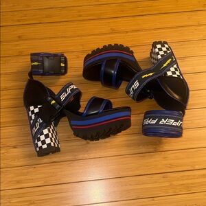 Dolls Kill Finish First Moto Heels, Platform Sandals, Checkered Pattern